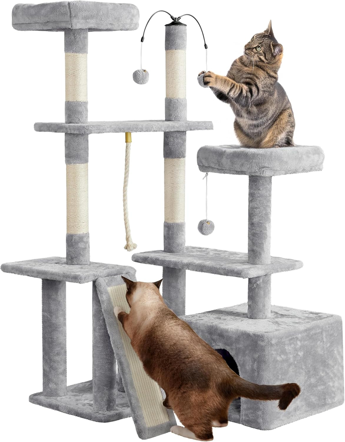 Cat Tree, 53.5 Inch Pet Play House with Sisal Scratching Posts, Condo, Perches, Wide Platform for Indoor Kittens/Adult Cats, Light Gray