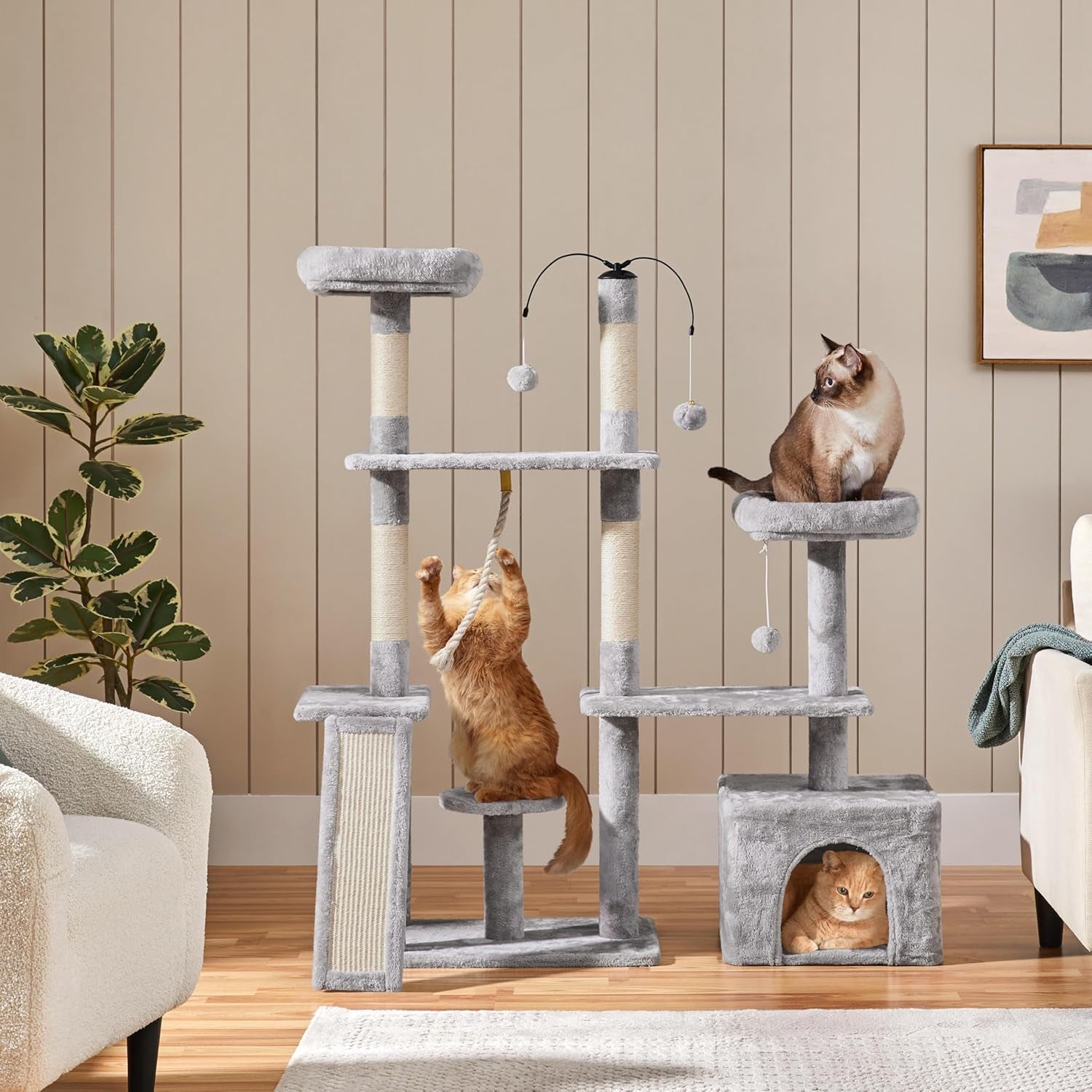 Cat Tree, 53.5 Inch Pet Play House with Sisal Scratching Posts, Condo, Perches, Wide Platform for Indoor Kittens/Adult Cats, Light Gray