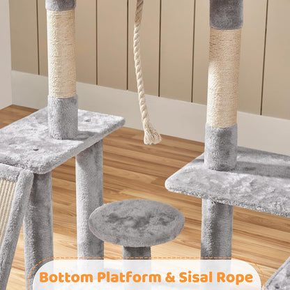 Cat Tree, 53.5 Inch Pet Play House with Sisal Scratching Posts, Condo, Perches, Wide Platform for Indoor Kittens/Adult Cats, Light Gray